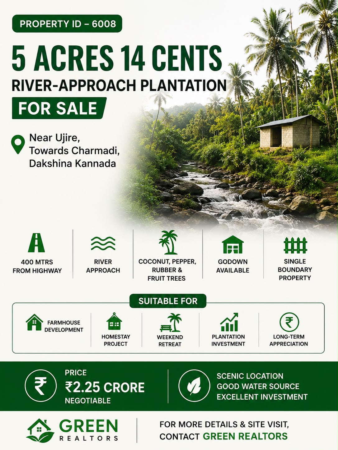 🆔 *PROPERTY ID – 6008* 🌴🌿 *5 Acres 14 Cents River-Approach Plantation for Sale – Near Ujire, Towards Charmadi*